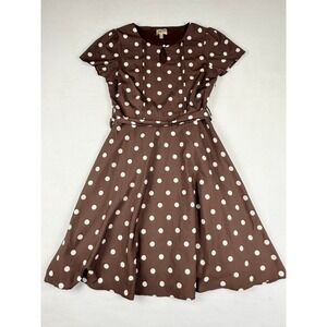 Lindy Bop Polka Dot Fit Flare Dress Womens 10 Brown Retro Rockabilly Pinup Mod
